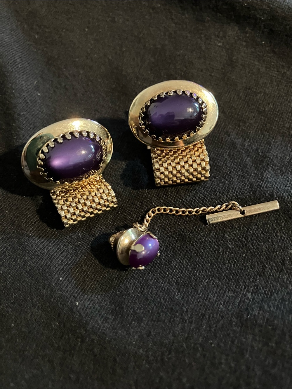 Estate Gold-Tone Cufflinks and Tie Tack with Purple Cabochons